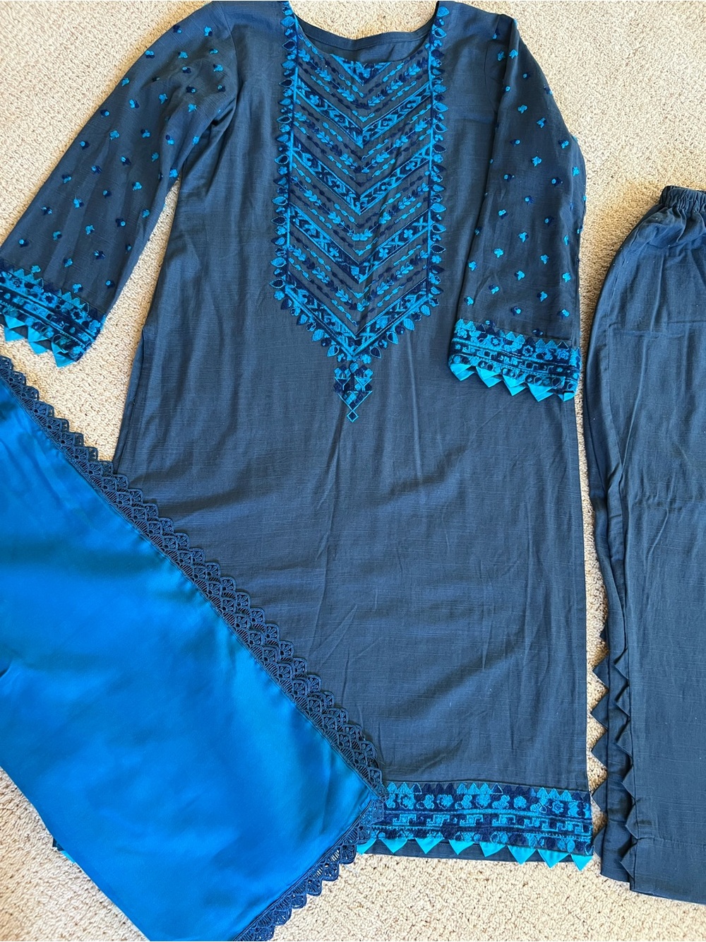 Embroidered Navy & Teal Traditional Kurta Set Pakistani Indian dress winter wear